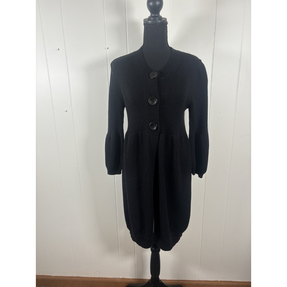 vince women's Medium black wool blend button-up Long cardigan Puff Sleeve‎